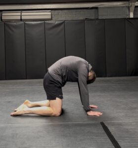 Man doing a cat-camel exercise as part of a rehabilitation sequence.